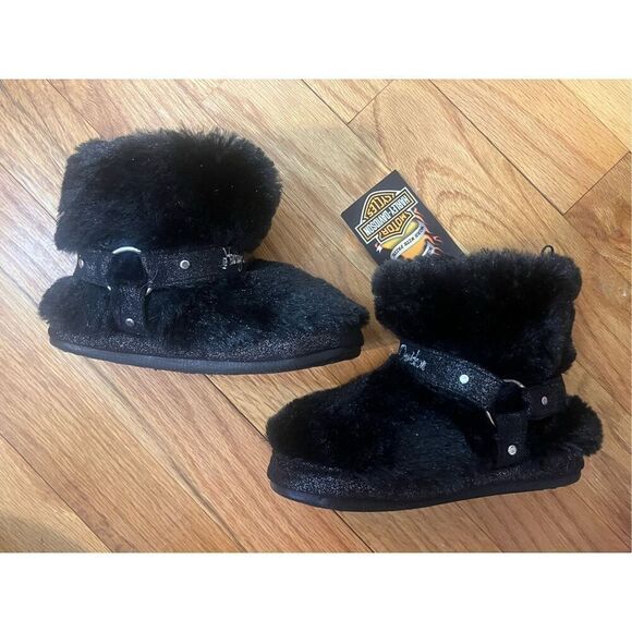 Harley Davidson Toddler Faux Fur Biker Boot Slippers Sz 10-11 Black Branded W Ha - Picture 12 of 12